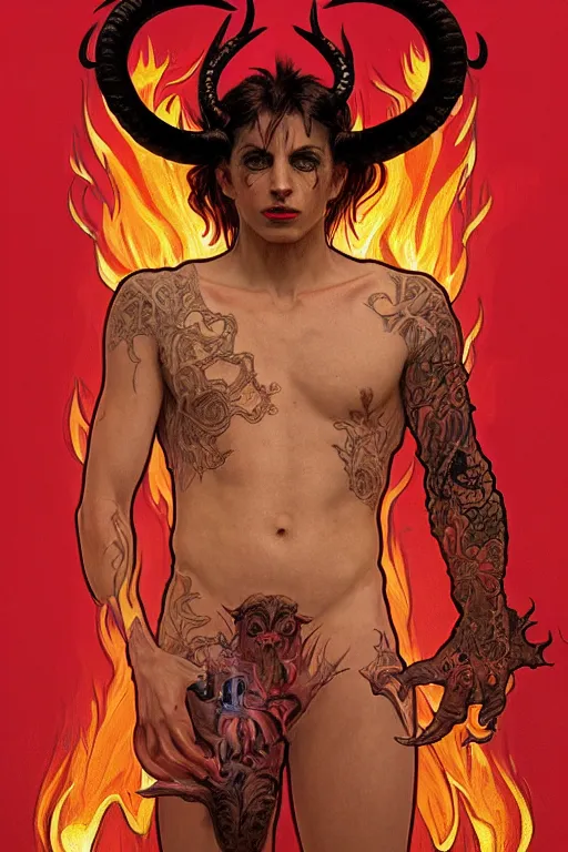 Image similar to portrait of a beautiful young fit male demon with ram horns, scaly skin covered in occult tatoos, flaming scene, by greg rutkowski and alphonse mucha, d & d character, gradient red to yellow, in front of an hellish landscape background, highly detailed portrait, digital painting, artstation, concept art, smooth, sharp focus ilustration, artstation hq