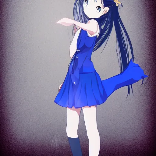 Image similar to a woman in a blue dress with a tie around her neck, an anime drawing by Jin Homura, featured on pixiv, lyco art, pixiv, anime, deviantart hd