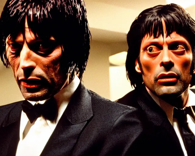 Image similar to detailed Mads Mikkelsen as Vincent Vega in Pulp Fiction with his partner Jules Winnfield, movie scene