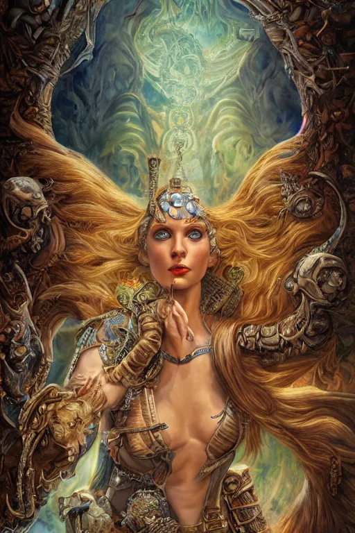 Image similar to Mystical Valkyrie, Portrait of a beautiful female Atlantean Reptilian Warrior, Realistic, Regal, Refined, Detailed Digital Art, Michael Cheval, Walt Disney (1937), François Boucher, Oil Painting, Steampunk, Highly Detailed, Cinematic Lighting, Unreal Engine, 8k, HD