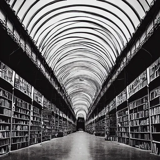 Prompt: “lost in a vast winding and overlapping labyrinth that is Powell’s City of Books. High arches platforms and catwalks are sunlit in this Creepy liminal photo. Hyperrealistic, benchmark resolution photo”