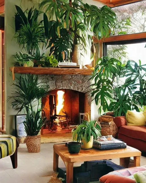 Image similar to cosy living room with fireplace and tropical plants