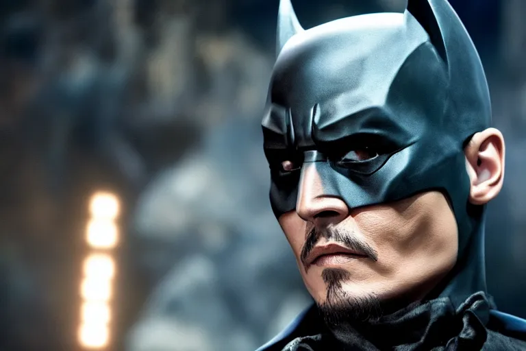 Image similar to film still of Johnny Depp as Batman in The Batman, 4k