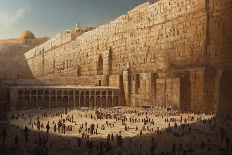 Prompt: the western wall made out of steel, matte painting, long shot, concept art, wide shot, digital art, trending on artstation, 4 k, extremely detailed, realistic, midday, warm colors, golden sunlight, by greg rutkowski, cinematic, epic