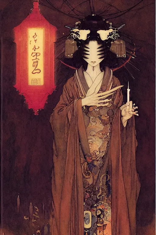 Image similar to geisha alchemist by wayne barlowe, gustav moreau, goward,  Gaston Bussiere and roberto ferri, santiago caruso, and austin osman spare, ((((occult art))))