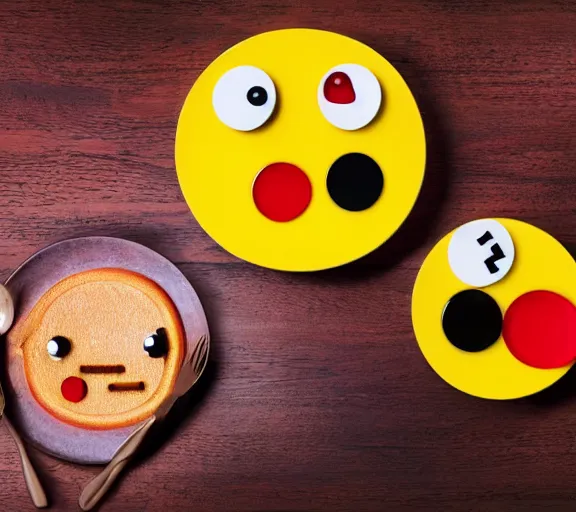 Prompt: color photo still of pac - man and ms pac - man, realistic live action at the breakfast table