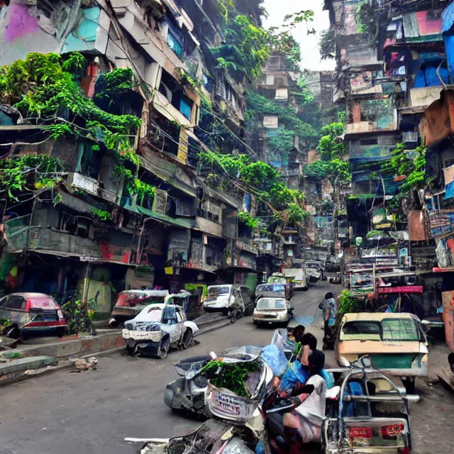 Prompt: streets of mumbai, future, mossy buildings, high fidelity