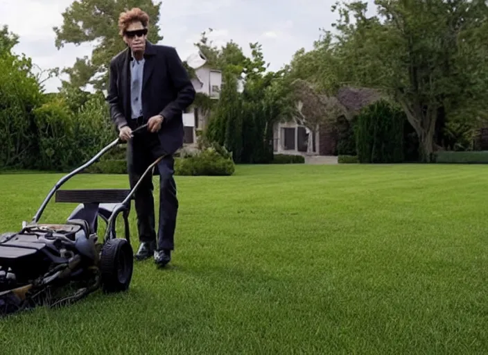 Prompt: film still of Willem Dafoe mowing a lawn in the new Robocop movie, 4k