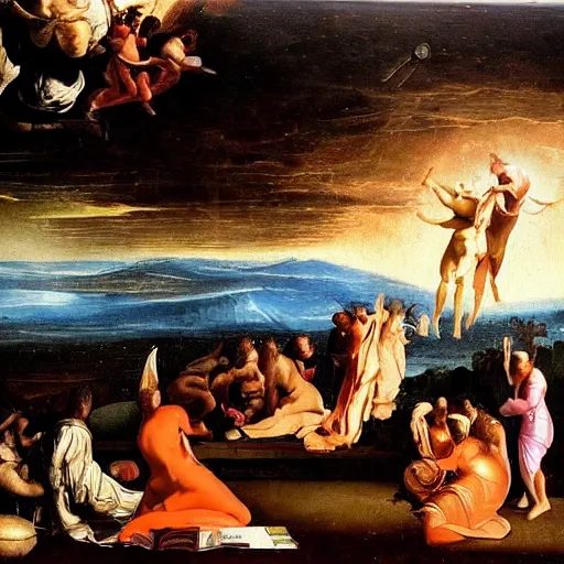 Image similar to ufo landing, renaissance painting