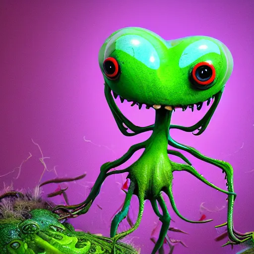 Prompt: cute alien carniverous plant creature with many eyes, big teeth, many arms, many leafy legs with radial symmetry detailed character concept 3 d pixar style render 4 k