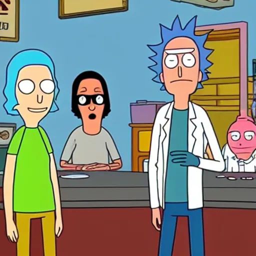 Image similar to rick from rick and morty meeting bob's burgers, bob