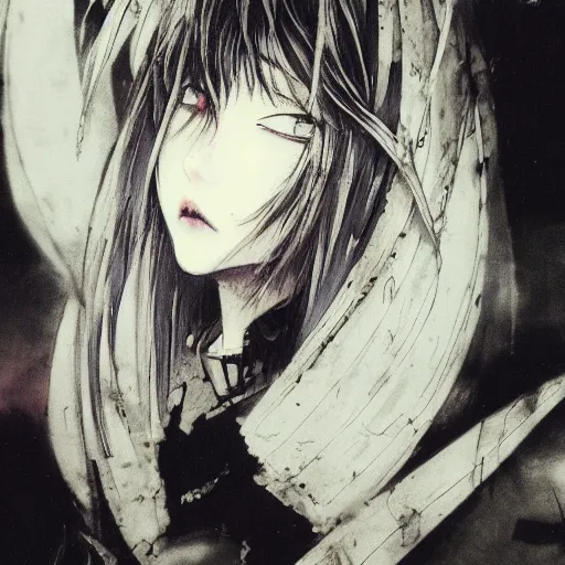 Image similar to Yoshitaka Amano blurred and dreamy illustration of an anime girl with black eyes, wavy white hair and cracks on her face wearing elden ring armour with the cape fluttering in the wind, abstract black and white patterns on the background, noisy film grain effect, highly detailed, Renaissance oil painting, weird portrait angle, three quarter view, head tilted to the side, 1990s jrpg cover