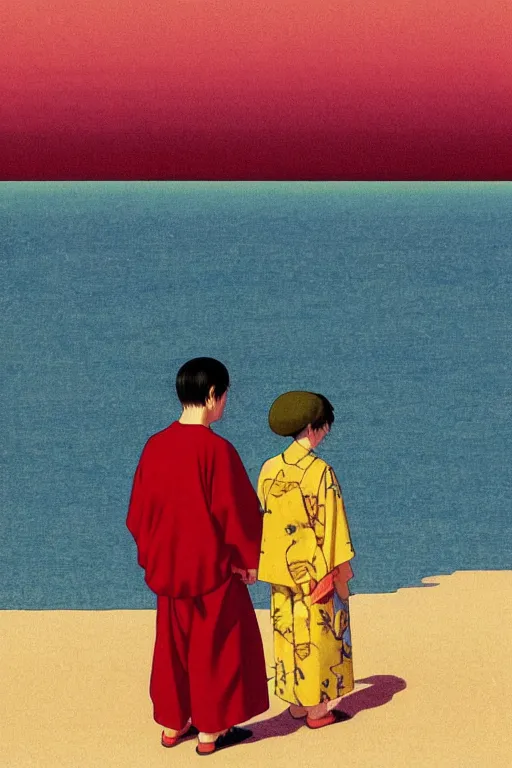 Image similar to a colorful nostalgic closeup portrait of two people floating on the beach, by kawase hasui, moebius, Edward Hopper and James Gilleard, Zdzislaw Beksinski, Steven Outram colorful flat surreal design, hd, 8k, artstation