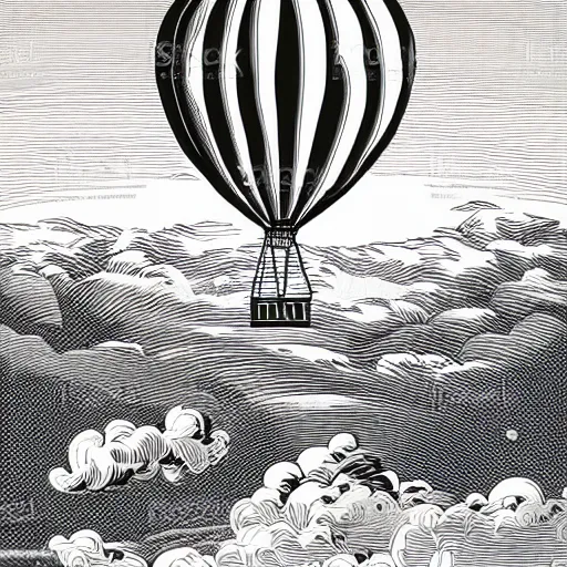 Prompt: steampunk air balloon over fantasy landscape, vector art, line art, engraving illustration