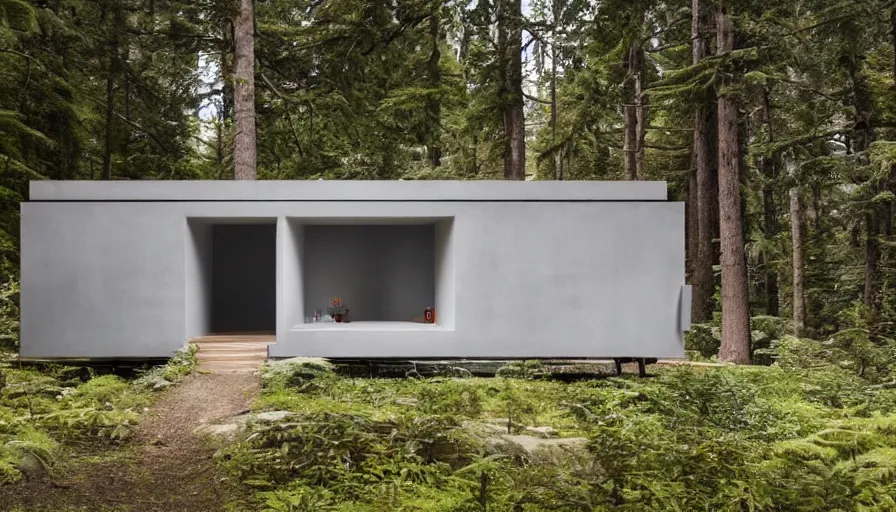 Prompt: A small modern cabin in the woods with rounded corners, made of cement, Designed by Rolls Royce, Gucci, Balenciaga, and Wes Anderson, being 3d printed by a large scale robotic arm