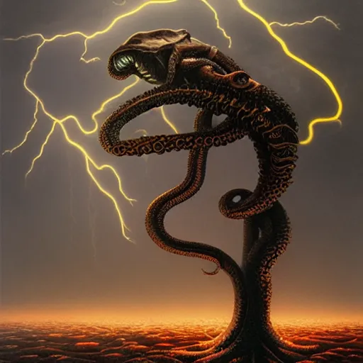 Prompt: An amorphic being with tentacles of liquid reflective copper and chrome emerges from the dark surreal ether, mist amidst lightning, high contrast lighting, backlit by Michael Whelan