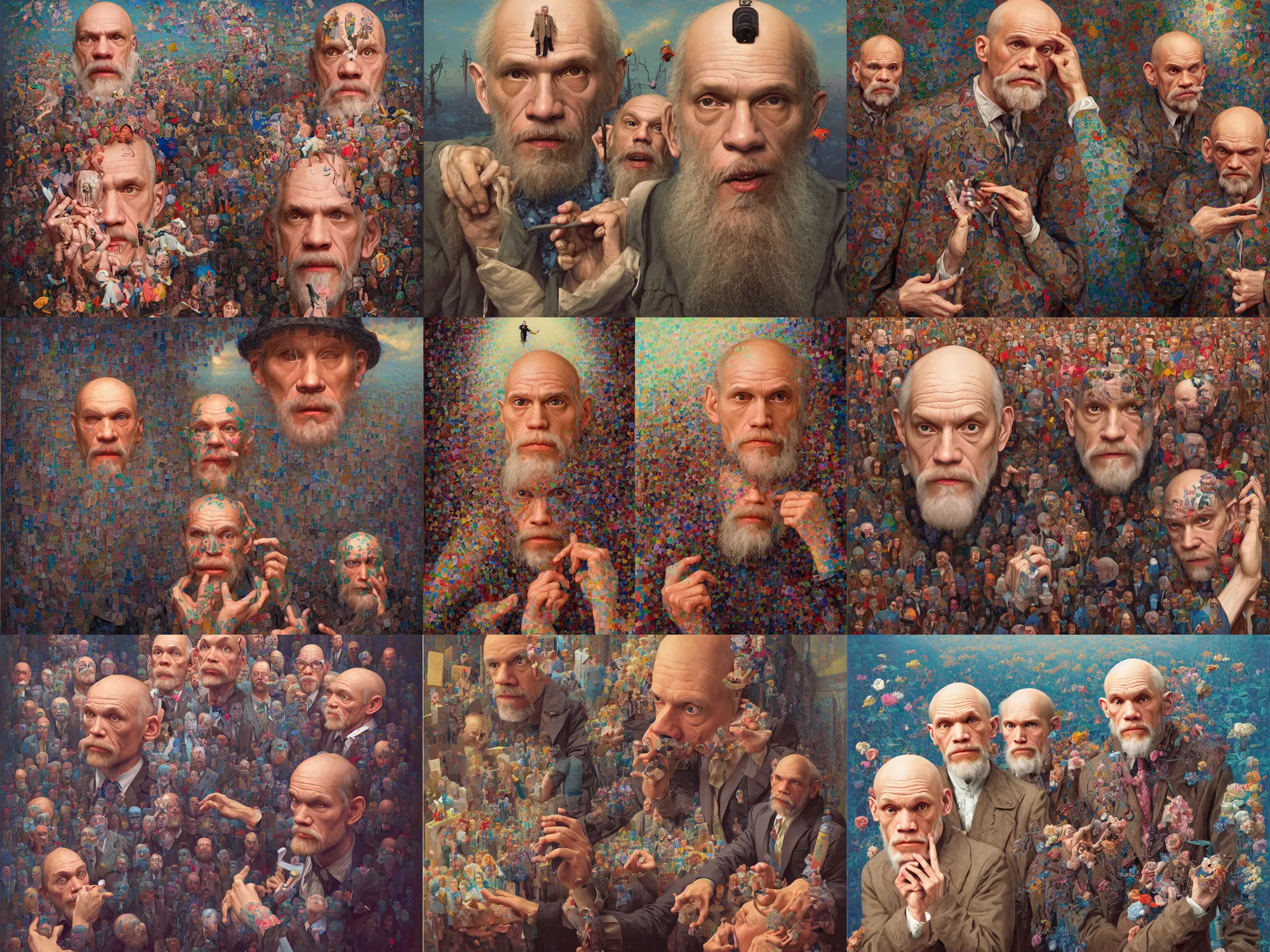 Prompt: recursive john malkovich being john malkovich being john malkovich being john malkovich being john malkovich being john malkovich being john malkovich, absurd matrjoschka painting by james jean and thomas kinkade,