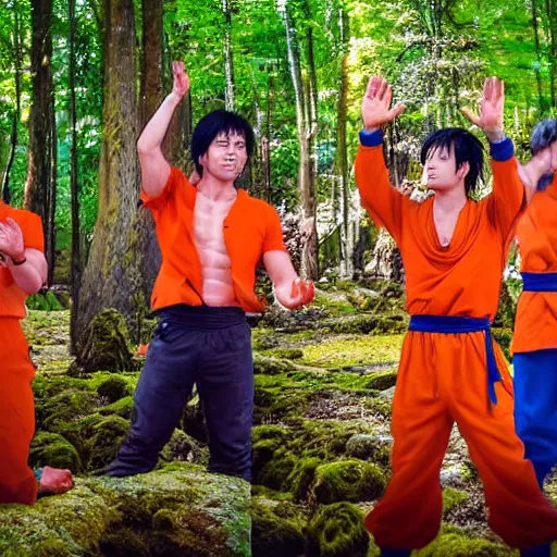 Prompt: group of people worshipping goku in the forest, 4 k