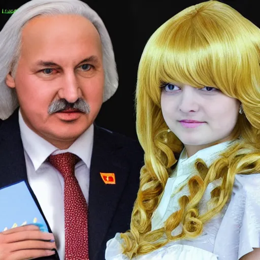 Image similar to alexander lukashenko wearing blonde longhaired wig in kawaii cosplay dress,