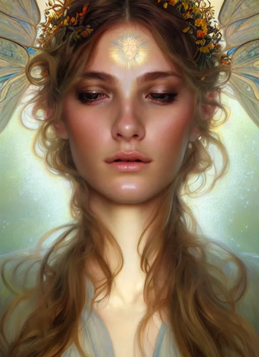 Image similar to fairy queen goddess feminine face meditation!! murky lighting, wind blowing, full body portrait, blessed by nature, physical mental perfection, symmetrical! intricate, sensual, highly detailed, biblical divine holy perfection!! digital painting, artstation, concept art, smooth, sharp focus, by artgerm and greg rutkowski and alphonse mucha