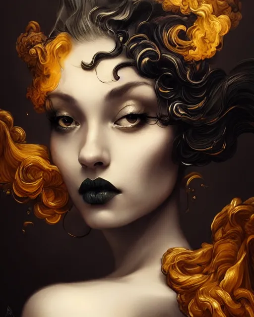 Prompt: rococo ink smoke twisting beauty portrait, black gold ink dripping, stylized fantasy portrait by wlop, artgerm, peter mohrbacher, artstation