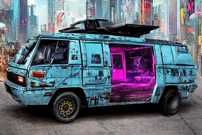 Prompt: cyberpunk version of the 8 0 s a - team van )