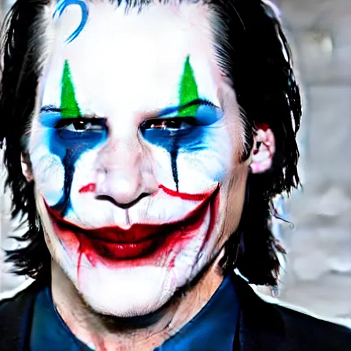 Image similar to Keanu reeves in clown Face paint inspired by the Joker