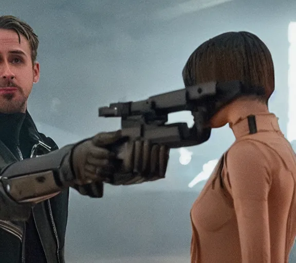 Prompt: a movie still of kylie jenner as joi aiming a gun with ryan gosling in the movie blade runner 2 0 4 9