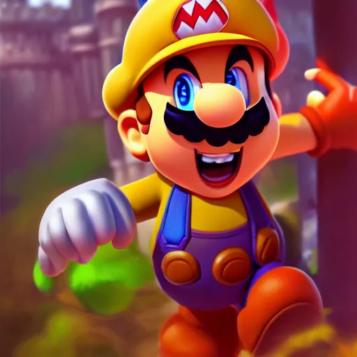 Image similar to Super Mario, mid-shot, fantasy, medieval, vivid colors, elegant, concept art, sharp focus, beautiful face, digital art, Hyper-realistic, 4K, Unreal Engine, Highly Detailed, HD, Dramatic Lighting by Brom, trending on Artstation