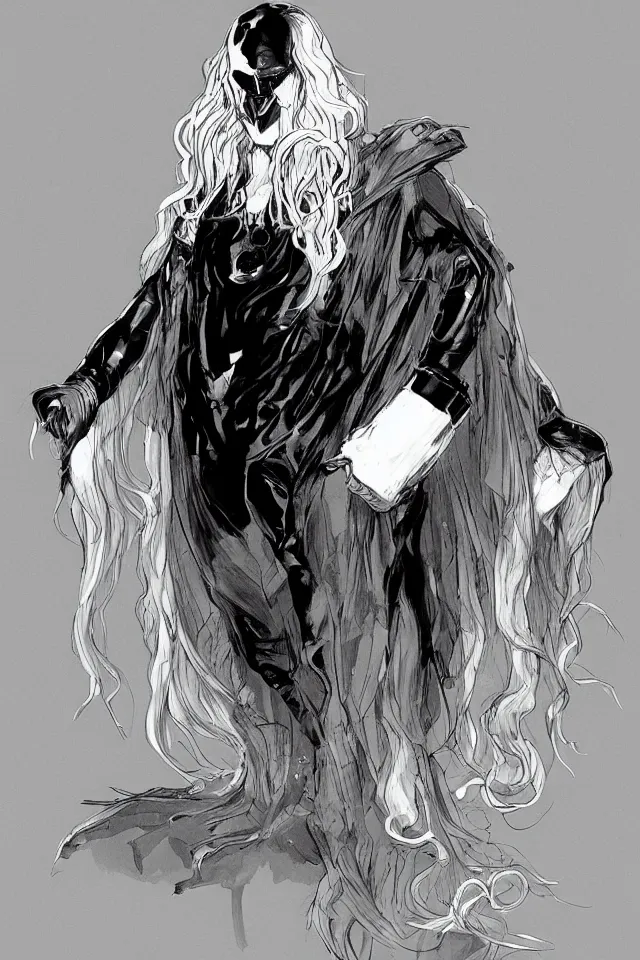 Image similar to a pale long-haired white man in a black latex acronym cape, in the style of moebius and ashley wood, character design, concept art