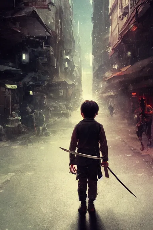 Image similar to a portrait of a small person wearing a katana in the middle foreground walking in the street of a sci-fi city by Greg Rutkowski, Sung Choi, Mitchell Mohrhauser, Maciej Kuciara, Johnson Ting, Maxim Verehin, Peter Konig, final fantasy , mythical, 8k photorealistic, cinematic lighting, HD, high details, atmospheric,