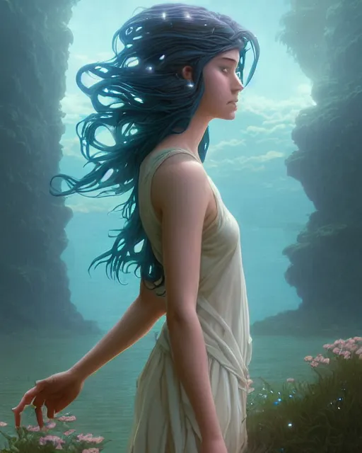 Image similar to highly detailed surreal vfx portrait of female water mage with long - brown flowing hair, blue eyes, stephen bliss, unreal engine, greg rutkowski, loish, rhads, beeple, makoto shinkai and lois van baarle, ilya kuvshinov, rossdraws, tom bagshaw, alphonse mucha, global illumination, detailed and intricate environment