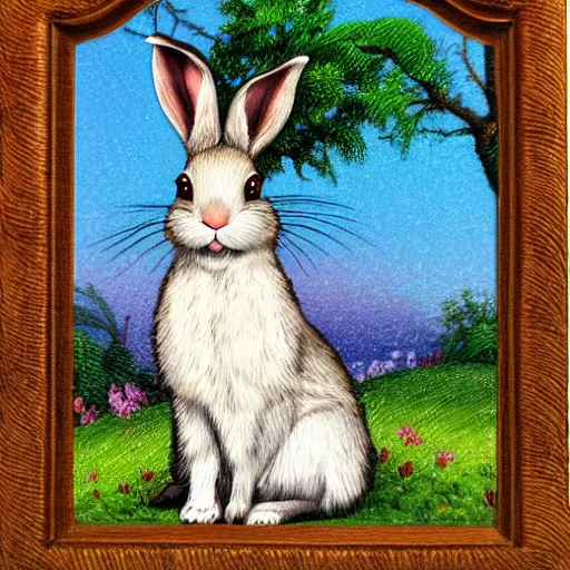 Prompt: a portrait of a rabbit sitting by a stream, in the style of thomas kinkade