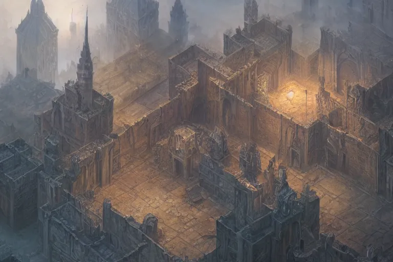 Prompt: an intricate matte painting of An epic stronghold crusader planescape map, highly detailed iridescent dimly lit exterior with shafts of iridescent light bouncing off magical realms, by Christophe Vacher and Bastien Lecouffe-Deharme, trending on artstation