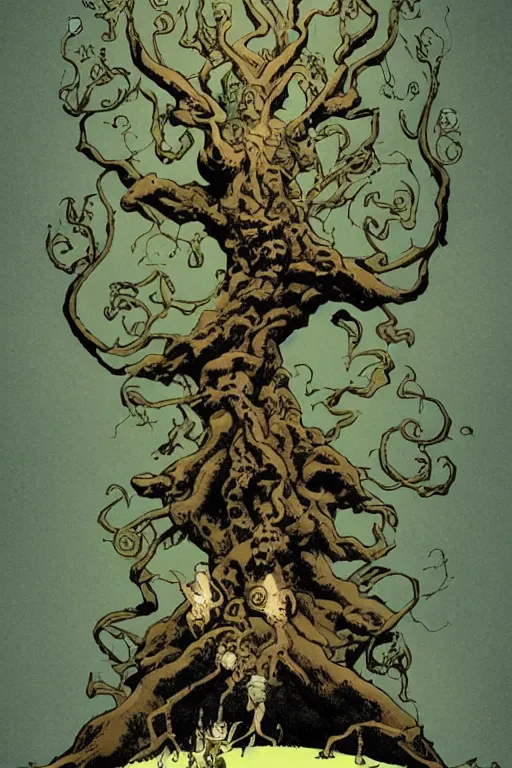 Prompt: Yggdrasil the tree of life by Mike Mignola and Richard Corben, trending on artstation, stylized, unreal engine, depth of field, subsurface scattering