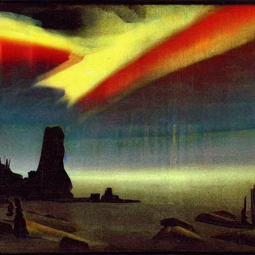 Image similar to the epic abstract painting'blue arctic void with black and red aurora borealis above a tiny inuit village ', by caspar david friedrich!!!, by rothko!!!, stunning masterpiece, trending on artstation