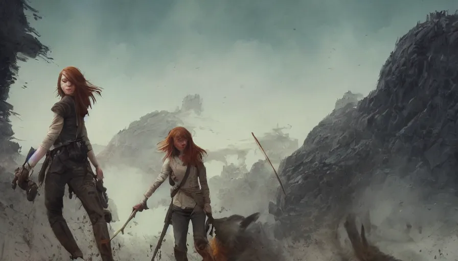 Image similar to a highly detailed epic cinematic concept art CG render digital painting artwork: Emma Stone and Sadie Sink back to back in an action scene. By Greg Rutkowski, Ilya Kuvshinov, WLOP, Stanley Artgerm Lau, Ruan Jia and Fenghua Zhong, trending on ArtStation, subtle muted cinematic colors, made in Maya, Blender and Photoshop, octane render, excellent composition, cinematic atmosphere, dynamic dramatic cinematic lighting, precise correct anatomy, aesthetic, very inspirational, arthouse