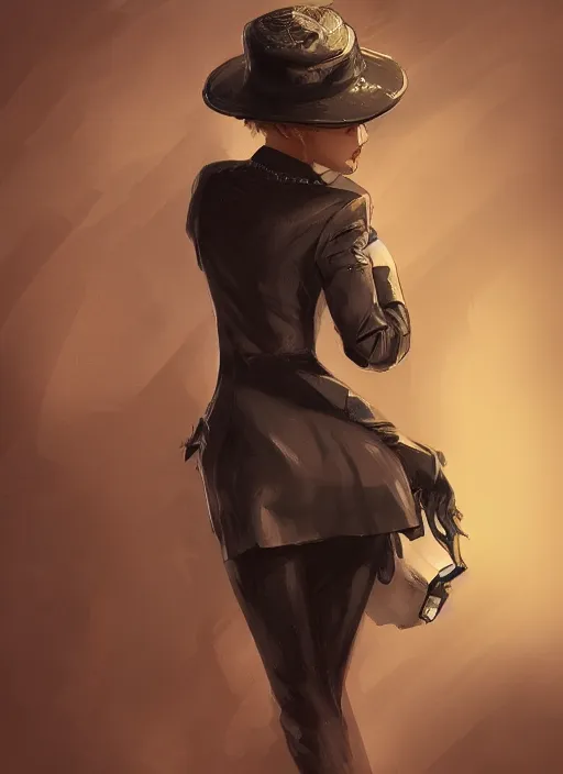 Image similar to a highly detailed illustration of curly short haired girl wearing noir hat and suit and tie, dramatic smiling pose, intricate, elegant, highly detailed, centered, digital painting, artstation, concept art, smooth, sharp focus, league of legends concept art, WLOP