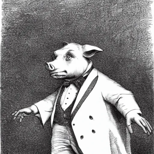 Image similar to a pig in a tuxedo, creepy atmosphere, dark, portrait, realistic, very realistic, illustration by Gustave Doré