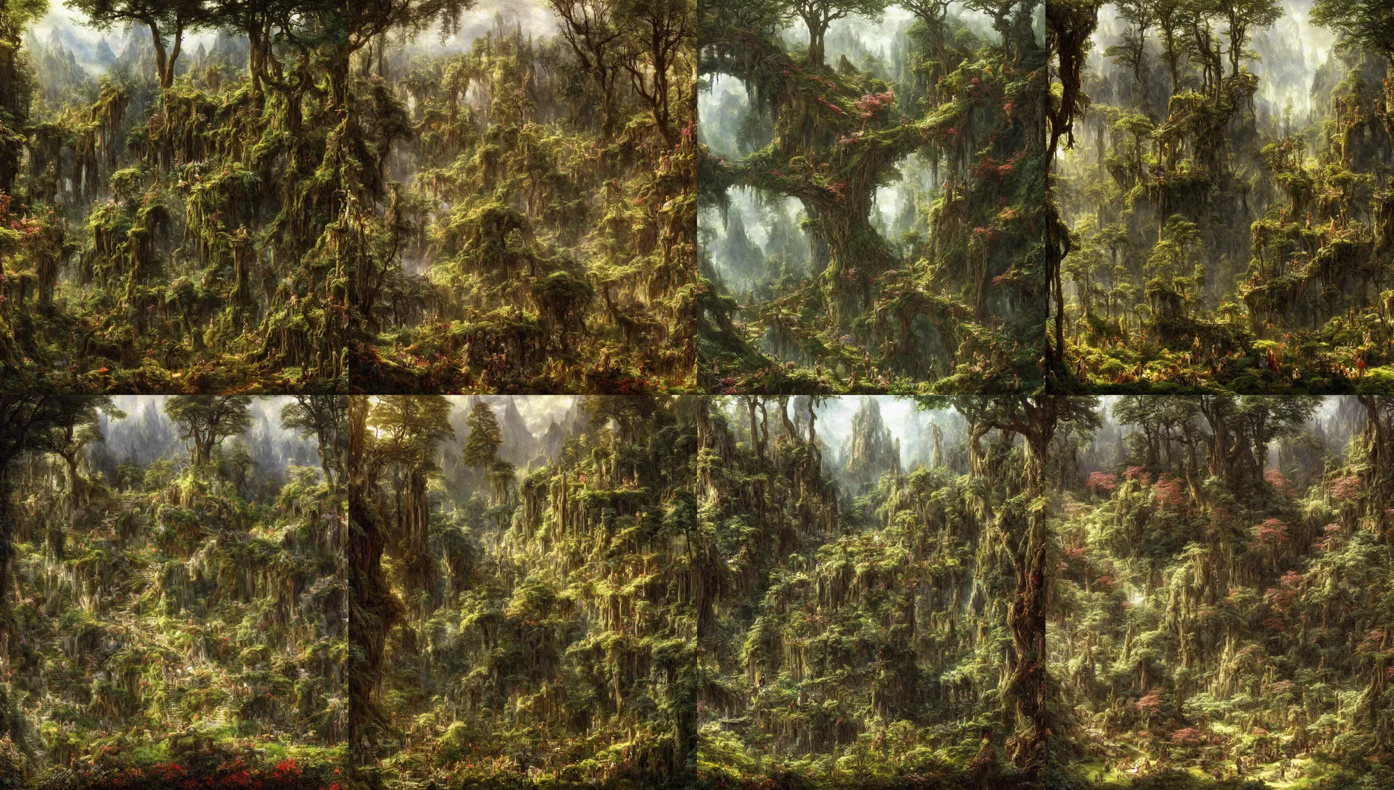 Prompt: a beautiful and highly detailed matte painting of an elven garden in a mystical forest in a dreamy valley deep in the tall mountains of avalon, intricate details, epic scale, insanely complex, 8 k, sharp focus, hyperrealism, very realistic, by caspar friedrich, albert bierstadt, james gurney, brian froud