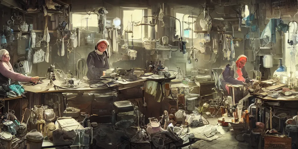 Image similar to an environmental concept art of an elderly russian woman cyberneticist in a cluttered mechanics workshop, surgical implements, surgery table, highly detailed, cinematic, dramatic, cyberpunk