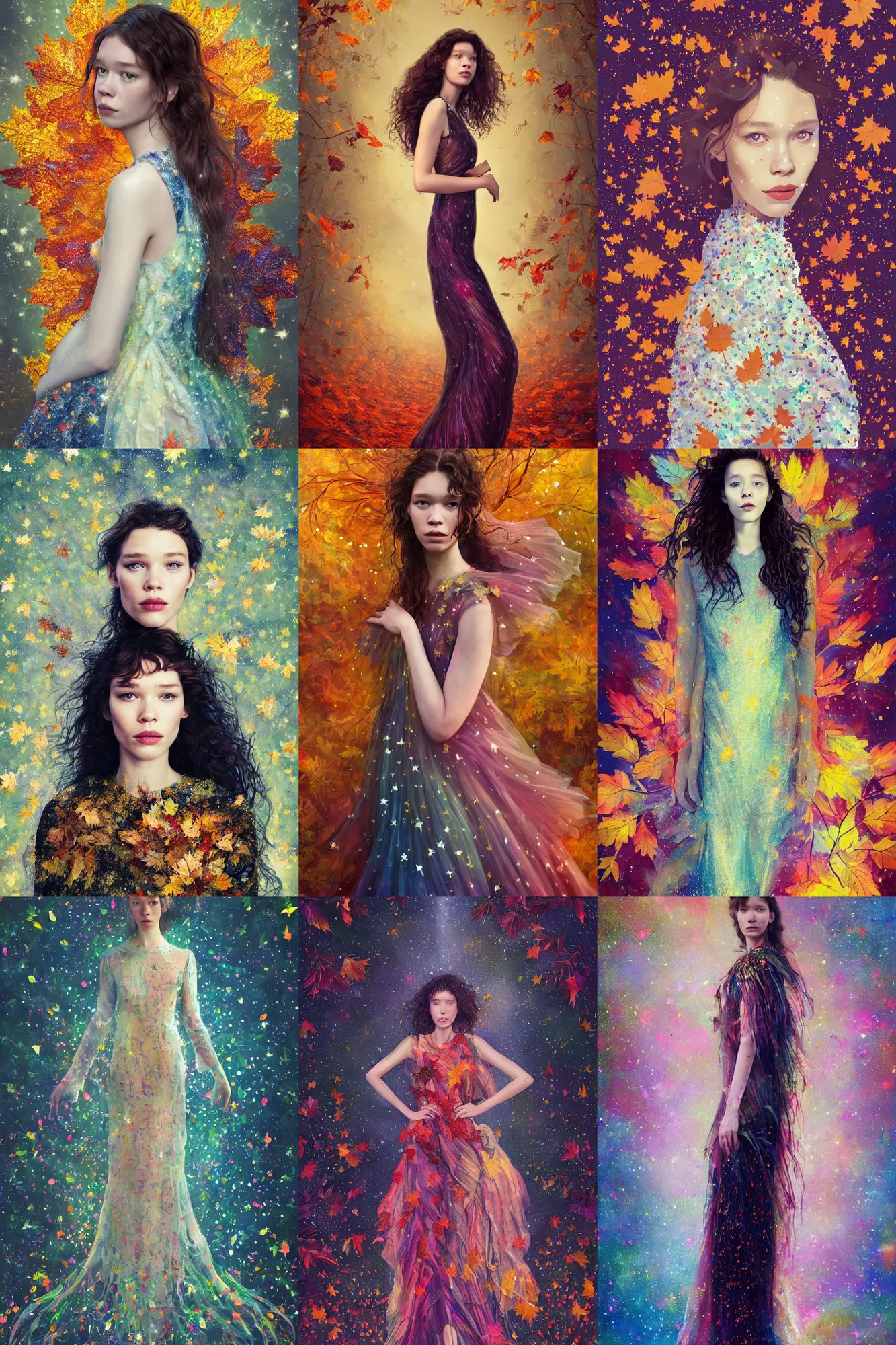 Prompt: masterwork full body portrait of astrid berges frisbey. digital illustration. wearing a dress made out of stars. resting on a background of autumn leaves. fluid, dreamy, ethereal, vivid colours. sharp focus. highly detailed face. wow! cinematic lighting. trending on artstation. cgsociety. in the style of annie stegg