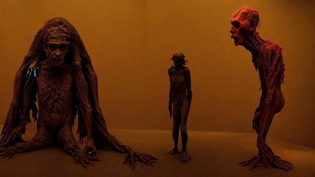 Image similar to the creature was my partner, made of glowing wax and ceramic, film still from the movie directed by denis villeneuve and david cronenberg with art direction by salvador dali and zdzisław beksinski, wide lens