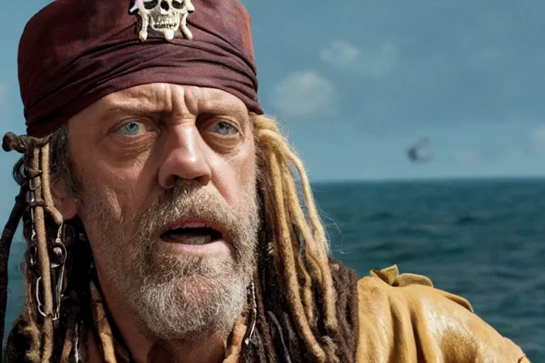 Prompt: promotional image of hugh laurie as a pirate captain in the new Pirate of the Carribean movie, very detailed face, movie still frame, promotional image, imax 70 mm footage