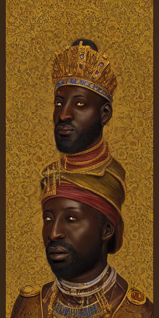 Image similar to a stunning and noble highly detailed romantic period style portrait of Mansa Musa by Josep Tapiró Baró, trending on artstation, oil painting masterpiece, symmetry, fractals, African iconography