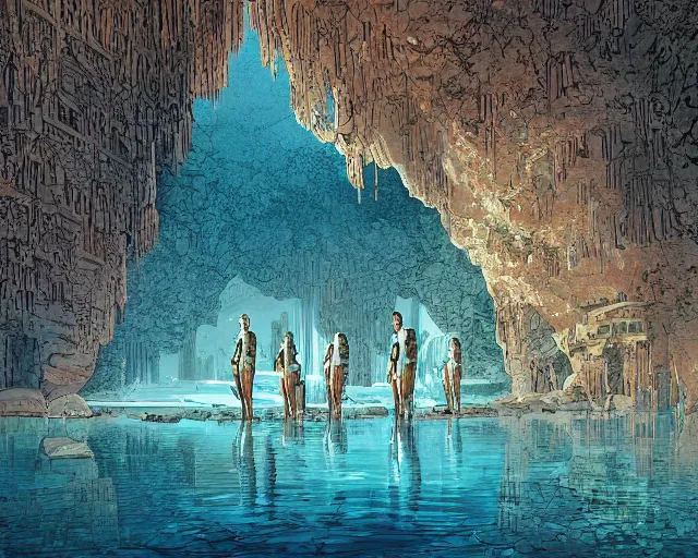 Prompt: a herd of centuars walking by abandoned greek architecture in shallow water, in a cave by the water, digital art, illustrated by james gurney and victo ngai