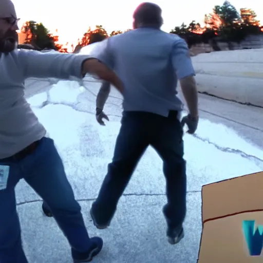 Prompt: pov of a man fighting walter white, first person view, realistic, street fight