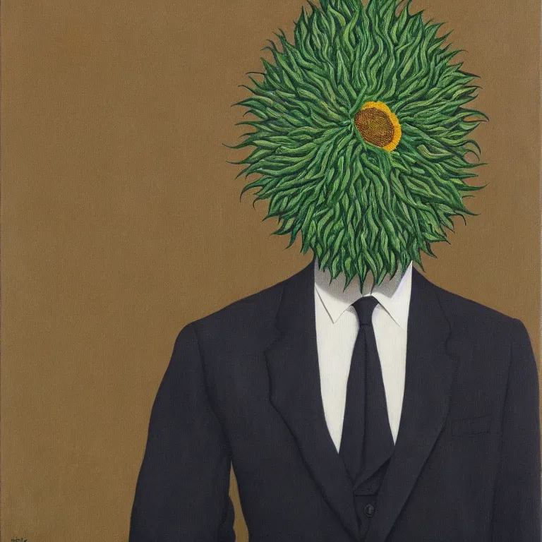 Image similar to portrait of a faceless sunflower - head man in a suit by rene magritte, detailed painting, distance, centered, hd, hq, high resolution, high detail, 4 k, 8 k