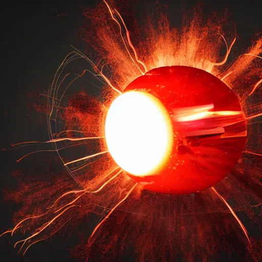 Image similar to red hot burning sphere embedded in fireball explosion with fire, 4 k