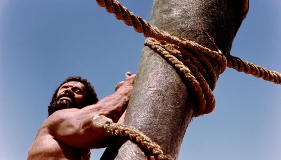 Image similar to 1 9 7 0 s movie still close - up of marcus atilius regulus tied with ropes at a pole with his wide open bleeding eyes looking at the burning sun, cinestill 8 0 0 t 3 5 mm eastmancolor, high quality, heavy grain, high detail, texture, dramatic light, anamorphic, hyperrealistic, detailed hair